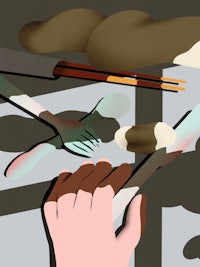 an illustration of a hand holding a knife and fork