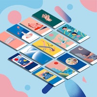 a collection of illustrations on a blue and pink background