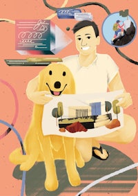 an illustration of a man with a dog holding a piece of paper