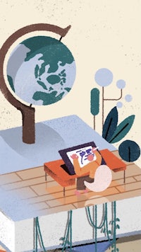 an illustration of a man sitting on a table with a globe on it