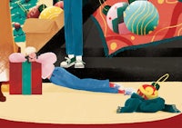 a cartoon illustration of a woman laying on the floor next to a christmas tree