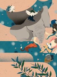 an illustration of an elephant and a girl reading a book