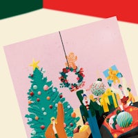 a christmas card with people and a christmas tree