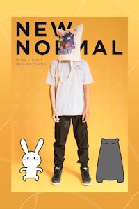 a poster for new normal with a boy and a bunny